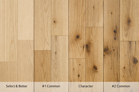 White oak flooring grades showing select, common, character, and rustic variation